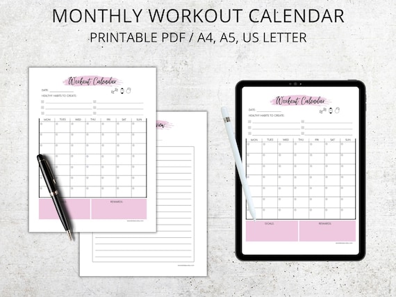 Monthly Workout Calendar, Fitness Planner PDF, Exercise Tracker Printable,  Training Scheduler, A4, A5, US Letter - Etsy