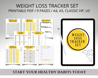 Printable Weight Loss Tracker Journal, Goal Setting, Measurement Chart, Weekly Weigh In, Digital Download