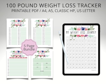 Weight Loss Tracker, 100 lbs Lost Printable, Digital Weight Loss Journal, Weekly Weigh In, Measurements Chart, Goal Setting