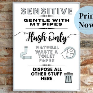 Sensitive Plumbing, Septic Sign, Flush Only Toilet Paper, No Feminine Products, Print Instantly