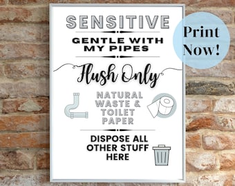 Sensitive Plumbing, Septic Sign, Flush Only Toilet Paper, No Feminine Products, Print Instantly