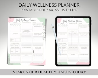 Printable Daily Wellness Planner, Selfcare Journal, Mood Tracker, Food Journal, Exercise Chart