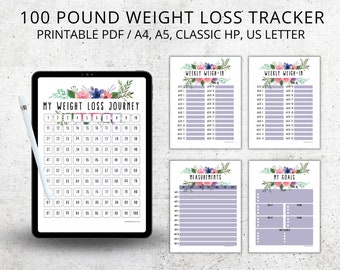 Weight Loss Tracker, Weightloss Journal Printable, 100 Pound Lost Printable, Body Measurements, Weekly Weigh In,