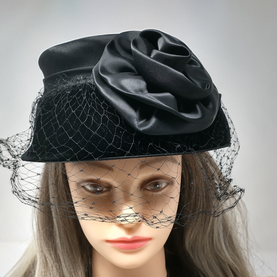Black Velvet Pillbox/cloche Hat, Netting, and Satin Big Swirl Flowers