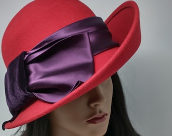 Vintage Strikingly Elegant Deep Red 100% Wool Bowler Stiff Turned up Brim Hat with a Avant Garde Plum Satin and Velvet Hatband. Union Made!