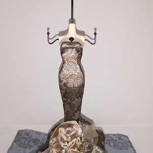 Vintage Handmade Jewelry Mannequin Dressed to die for in Dark Olive Green and Charcoal Mermaid Style Gown, Over Tulle Bottom accent! FS