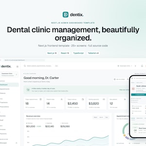 Puede incluir: Una interfaz digital para un sistema de gestión de clínica dental llamado Dentix. El panel muestra métricas como citas, ingresos y datos de pacientes en una vista de escritorio junto a una vista móvil con detalles del paciente.