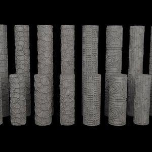 May include: A selection of grey, cylindrical columns with diverse textured designs. Some columns have stacked horizontal lines, while others feature patterns like stone, geometric shapes, and carved details. The columns vary in height and diameter.