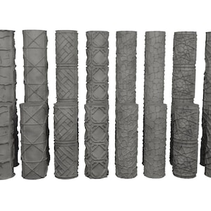 May include: A selection of grey, cylindrical columns with diverse textured designs. The columns vary in height and diameter, some with geometric patterns, others with a rough, stone-like appearance. The columns are likely for tabletop gaming.