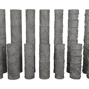 May include: A selection of grey, cylindrical columns with textured surfaces. Some columns have a stone-like appearance, while others feature geometric or organic patterns. The columns vary in height and diameter, suitable for miniature gaming or model building.