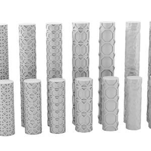 May include: A selection of white, cylindrical decorative columns in various heights and patterns. The columns feature geometric and patterned cutouts. Some have multi-tiered bases, while others are single pieces. Measurements are in cm.