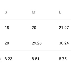 May include: Size chart showing width, length, and sleeve length measurements in inches for sizes S, M, L, and XL.