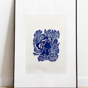 Linocut Woman with Flowers