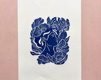 Linocut Woman with flowers