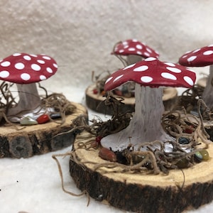 May include: Handmade mushroom figurines with red caps and white polka dots. The mushrooms are mounted on small wooden slices, surrounded by decorative moss and small stones. A whimsical, nature-inspired craft.