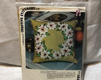 Vintage Crewel Creative Stitchery Pillow Kit “Dogwood Wreath”