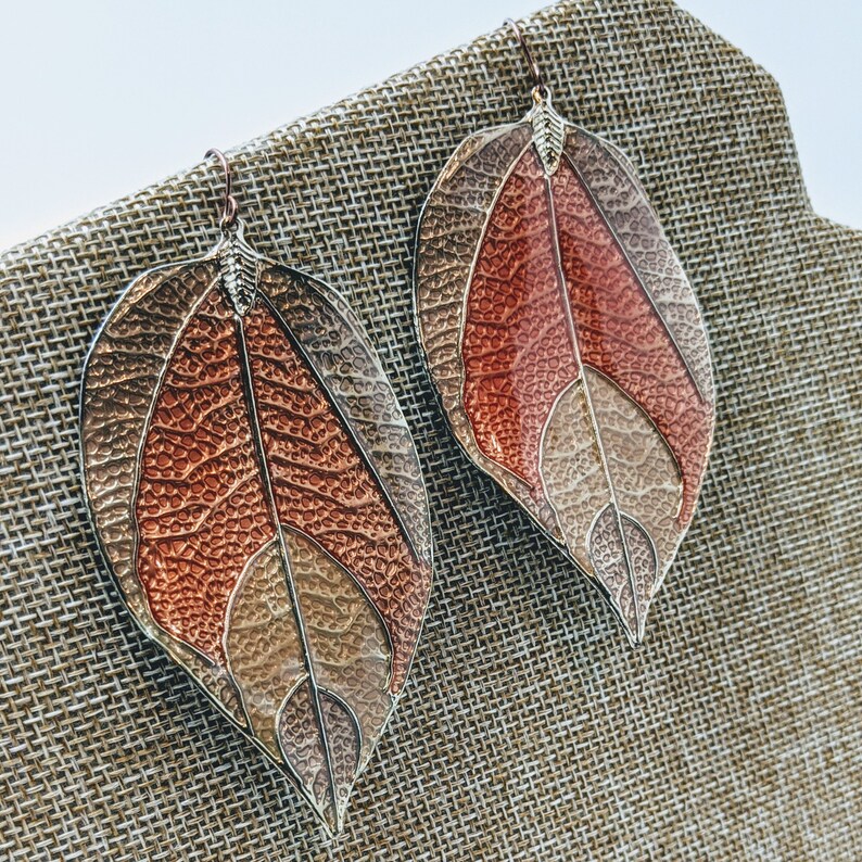 Leaf Drop Earrings Fall Colours Bohemian Drop Earrings Goldtone Enamel Leaf Dangle Earrings