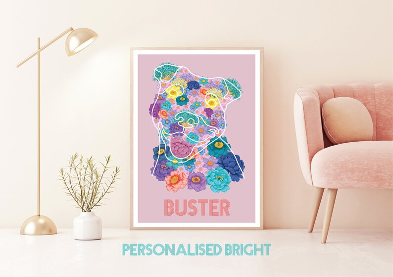 Dog Lover Gift Single Line Floral Pet Art Print Staffie Pet Portrait Staffordshire Bull Terrier Print Wall Art Dog Portrait