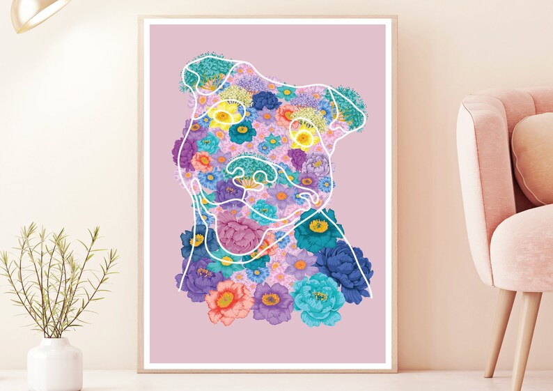 Dog Lover Gift Single Line Floral Pet Art Print Staffie Pet Portrait Staffordshire Bull Terrier Print Wall Art Dog Portrait