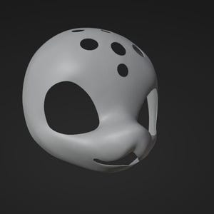 May include: A white, 3D printed mask with a rounded shape and several holes. The mask has a large, round eye hole on each side and a smaller hole in the center of the forehead.