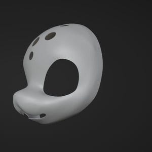 May include: A white, 3D printed, blank animal mask with holes for eyes and nostrils. The mask is designed to be painted and customized.