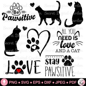 Lindo paquete SVG de huellas de gato, paquete SVG de silueta de gato, proyectos de bricolaje de Cricut para amantes de los gatos, regalos para amantes de los gatos, diseños PNG