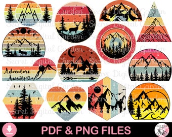 May include: A set of 12 digital clipart images featuring retro-style mountain landscapes with a vintage aesthetic. The images are in various shapes, including circles, squares, hearts, and hexagons. Each image features a different mountain scene with a colorful sunset or sunrise backdrop.