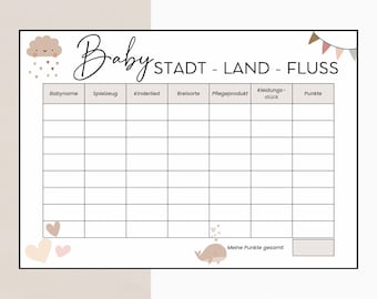 Stadt Land Baby | Babyparty Spiel | Babyshower Spiel | Babyparty | Baby Stadt Land Fluss  | DIGITALER DOWNLOAD zum sofort Ausdrucken