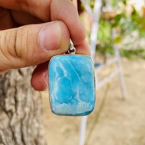 Larimar Pendant: Cushion Shape, 925 Sterling Silver, Boho Style