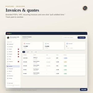 Puede incluir: Una interfaz digital para un panel de facturas y presupuestos titulado The Accountancy Studio. Muestra resúmenes financieros, incluyendo totales pendientes y pagados en libras, junto con una lista detallada de facturas de clientes con etiquetas de estado.