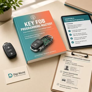 Könnte beinhalten: Ein Buch mit dem Titel Key Fob Programming Mastery mit einem türkisfarbenen und orangefarbenen Farbverlauf, ein zerlegter Autoschlüssel, ein Tablet mit Programmierschritten, eine Digi World Visitenkarte und ein Formular zur Eigentumsprüfung.
