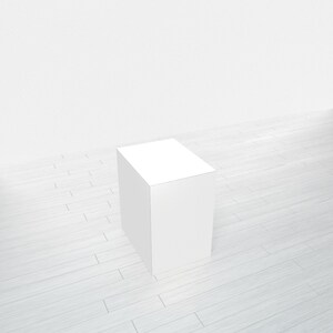 May include: A white square pedestal or platform on a white wood floor.