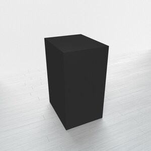 May include: A black square pedestal or platform, likely made of wood or plastic, sits on a white wood floor.