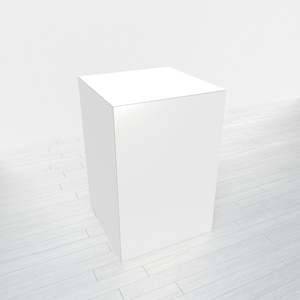 May include: A white square pedestal or platform, likely made of wood or plastic, sits on a light wood floor. The pedestal is a simple, blank surface, perfect for displaying products or showcasing artwork.