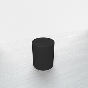 May include: A black cylindrical pedestal or platform, likely used for displaying products or showcasing items. It is isolated against a white background.