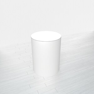 May include: A white cylindrical pedestal or display stand with a smooth surface. The stand is on a light wood floor.