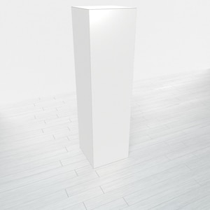 May include: A tall, white, rectangular box or pedestal standing on a light wood floor.