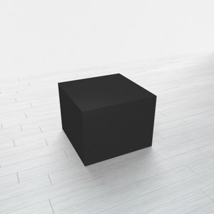 May include: A black square pedestal or platform, likely made of wood or plastic, sits on a white wood floor.
