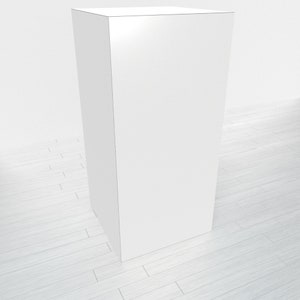 May include: A white, rectangular pedestal or display stand. The stand is tall and narrow, with a smooth, flat surface.