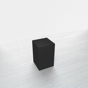 May include: A black square pedestal or platform, standing on a white wood floor.