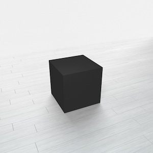 May include: A black square pedestal or platform, sitting on a white wood floor.