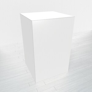 May include: A white, square, blank box or pedestal on a light wood floor.