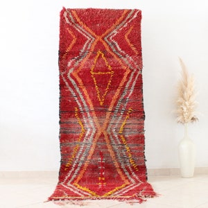 Alfombra marroquí vintage de 2 x 7 / Alfombra bereber roja / Alfombra vintage de lana / Alfombra bohemia única / Alfombra tribal marroquí