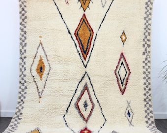 Azilal Moroccan Rug - Cream Wool Berber Carpet with Diamonds - Checkerboard Border - Southwest Style - Custom Handmade Rug - Shag Area Rug