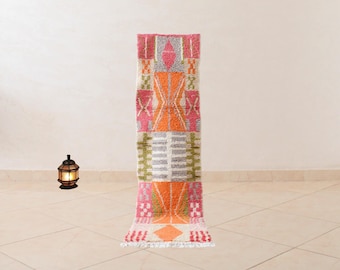 Handwoven Pink Berber Runner Rug: Moroccan Boujaad Wool