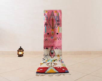 Handwoven Moroccan Wool Runner Rug: Pink Berber Boujaad Design