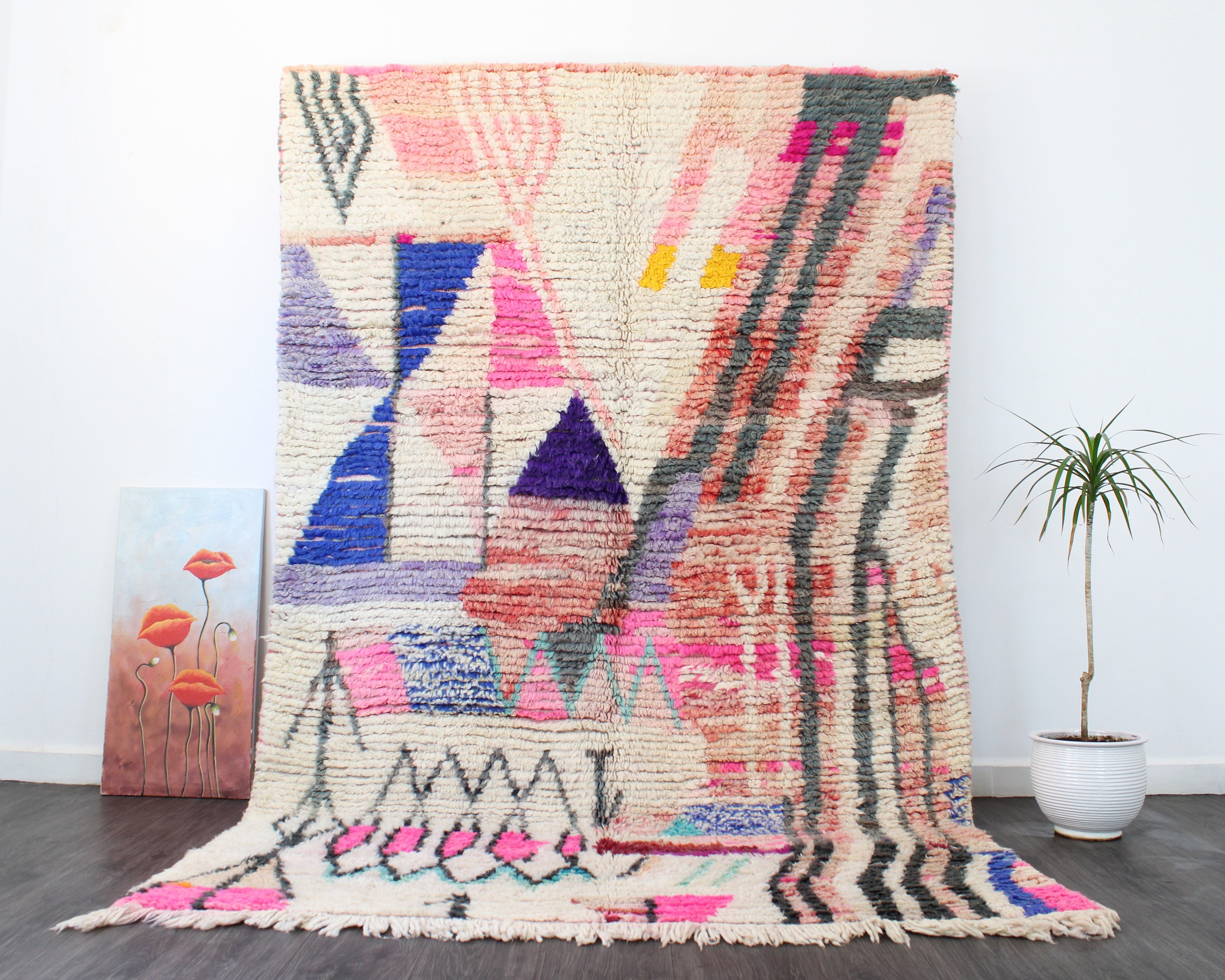 Pink Moroccan Wool Rug – Handmade Berber Boujaad Rug – Blush Area Rug for Living Room – Custom Size Boho Decor