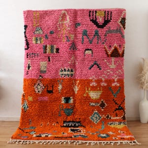 Boujaad Moroccan Rug - Pink & Orange Handmade Berber Carpet - Custom Wool Rug - Abstract Shag Rugs for Living Room - Boho Area Rug