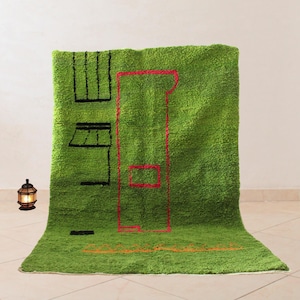 Green Moroccan Wool Rug – Handwoven Berber Area Rug, Beni Ourain Rug, Boho Decor, Living Room or Bedroom Accent, Plush Shag Rug