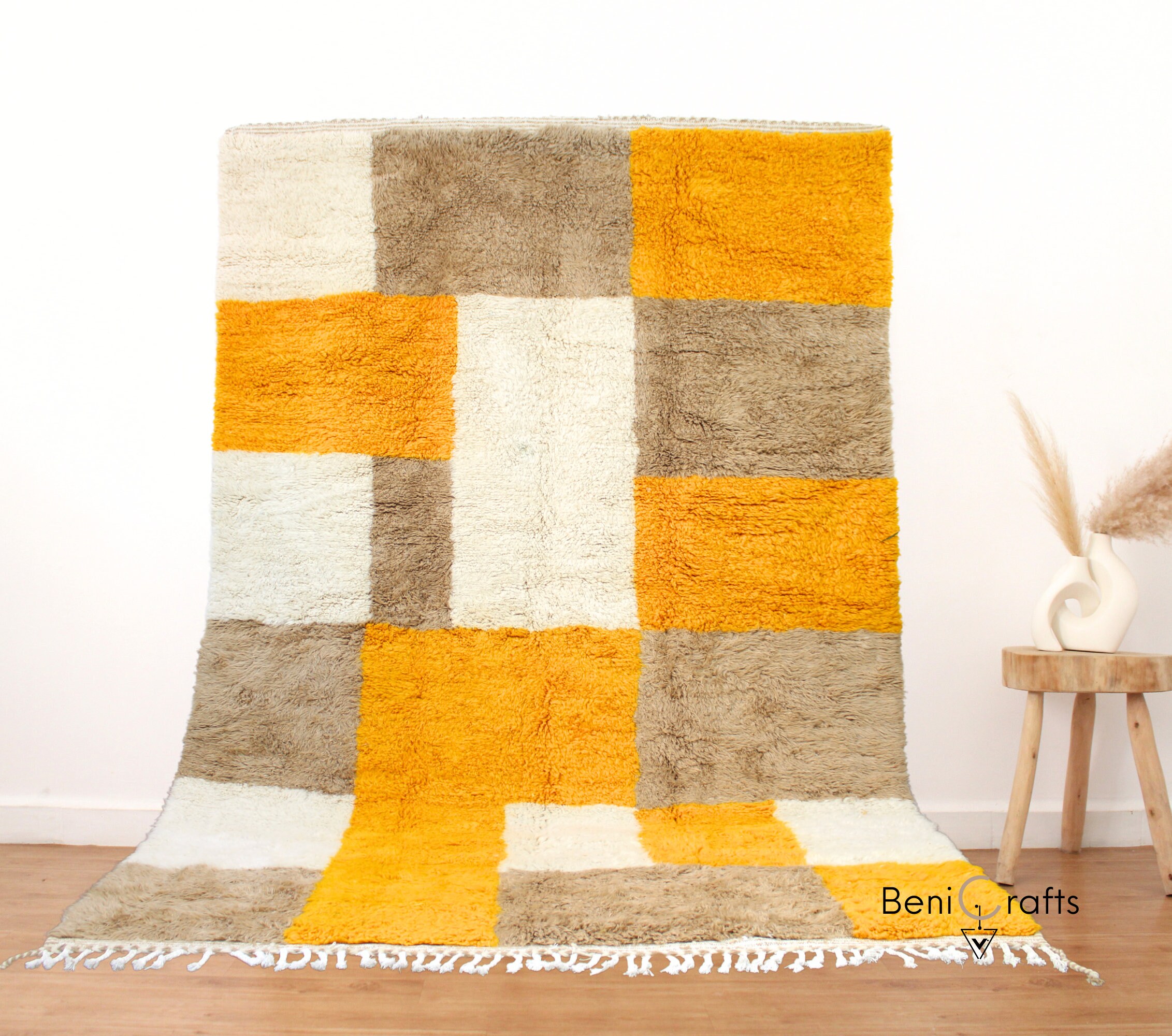 Wool Moroccan Rug 6x9, Modern Shag Area Rug, Handmade Berber Rug, Checkered Moroccan Rugs, Modern Wool Rug, Yellow and Brown Wool Area Rugs